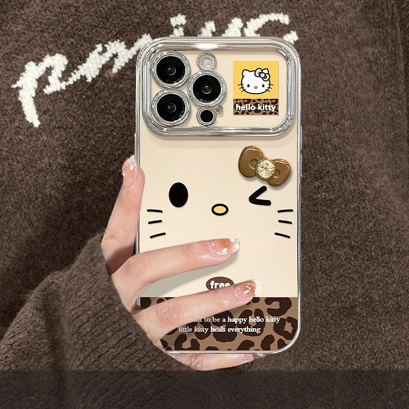 Cute Hello Kitty Leopard Phone Case with Fluffy Charm & Crossbody Strap