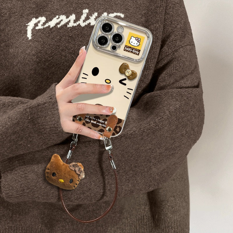 Cute Hello Kitty Leopard Phone Case with Fluffy Charm & Crossbody Strap