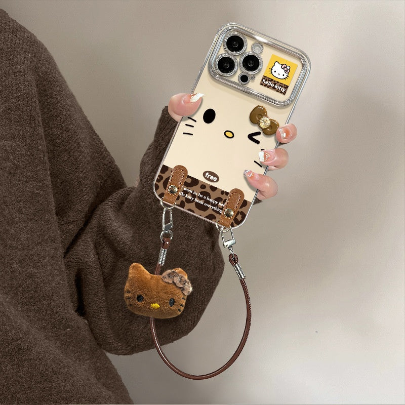 Cute Hello Kitty Leopard Phone Case with Fluffy Charm & Crossbody Strap