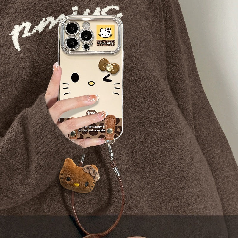 Cute Hello Kitty Leopard Phone Case with Fluffy Charm & Crossbody Strap