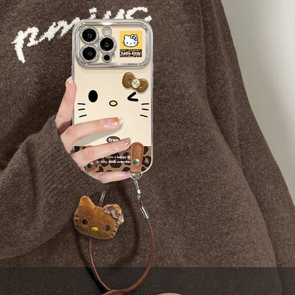 Cute Hello Kitty Leopard Phone Case with Fluffy Charm & Crossbody Strap